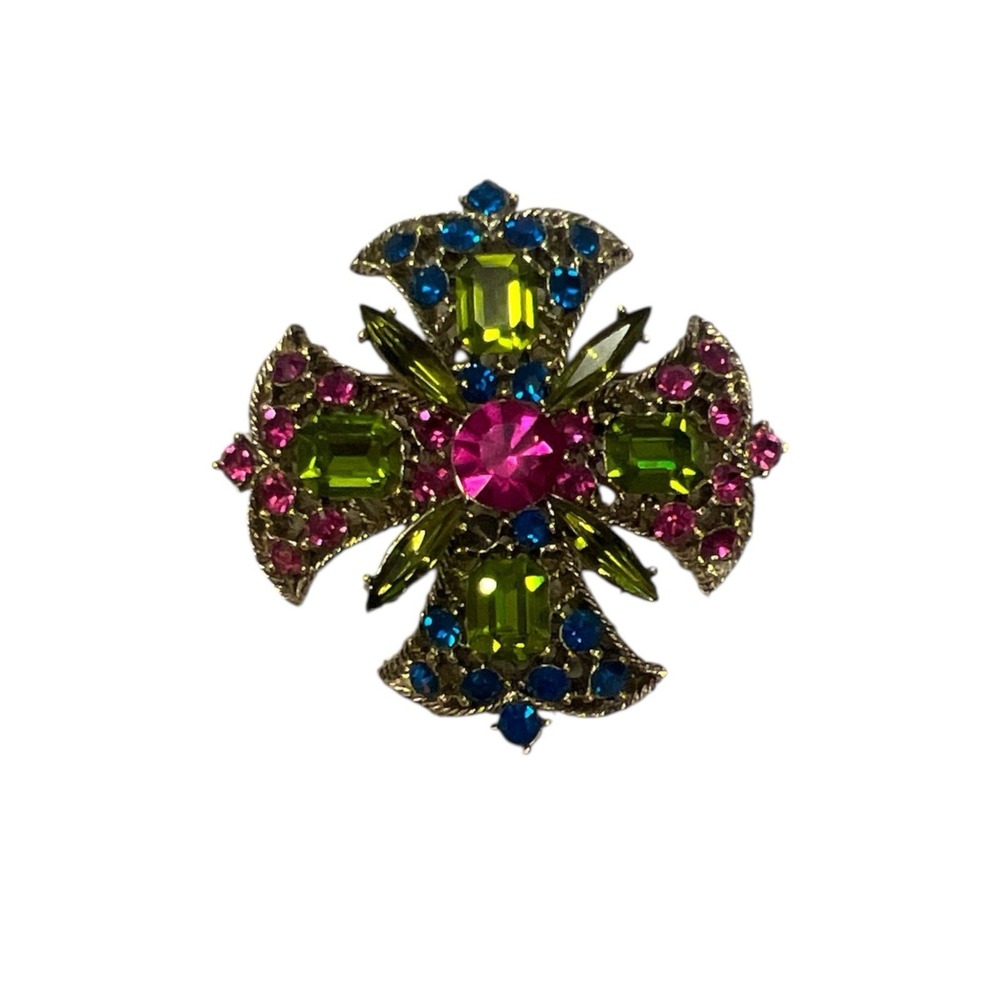 Vtg Art Glass Blue, Green, Pink Sparkling Rhinestone Mid Century Brooch MCM